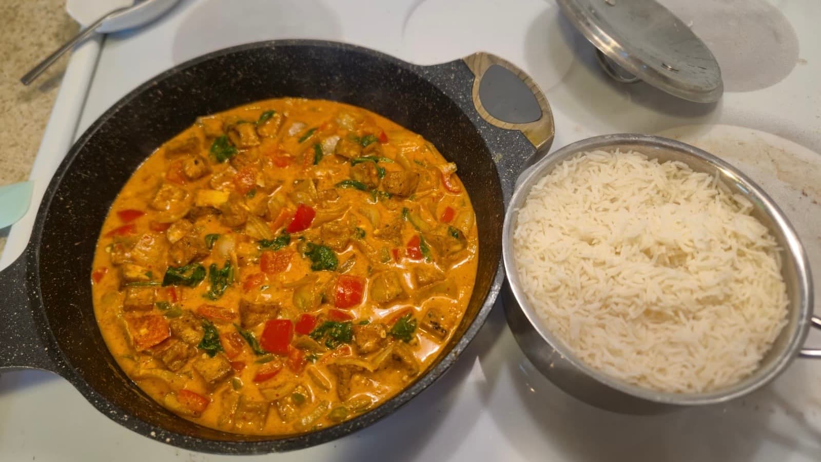 Quick Vegan Red Curry with Air Fryer Tofu (Maesri Paste Weeknight Meal)